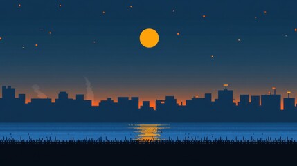 Poster - Pixel art cityscape at night with a large moon reflecting on calm water.