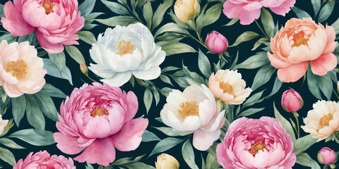 Poster - Vibrant floral pattern featuring peonies and leaves on a dark background for decorative use