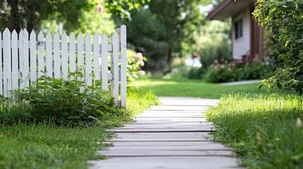 Poster - Garden path, white picket fence, house