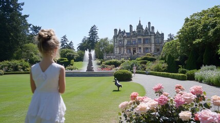 Sticker - Girl admires castle gardens, sunny day