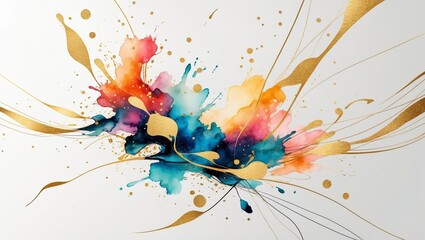 Poster - Vibrant abstract art work created with watercolor and gold accents showcasing colorful splashes and elegant lines