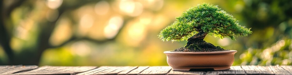 Poster - Serene bonsai tree in a terracotta pot on a wooden table against a blurred garden background.