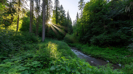 Wall Mural - Lush green forest with sunlight streaming through the trees creating serene rays of light.