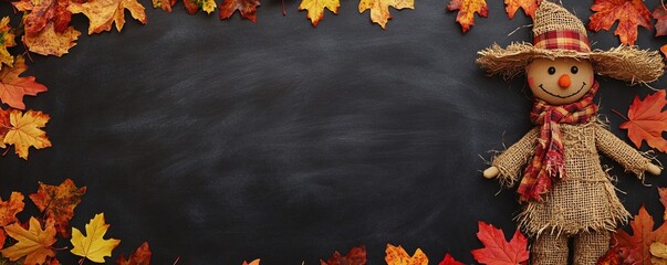 Aufkleber - Cheerful autumn scene with a happy scarecrow and vibrant fall leaves bordering an empty chalkboard