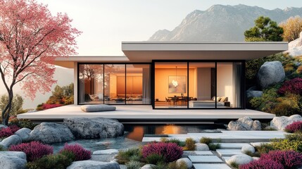 Wall Mural - Modern mountain home sunset zen garden landscaping