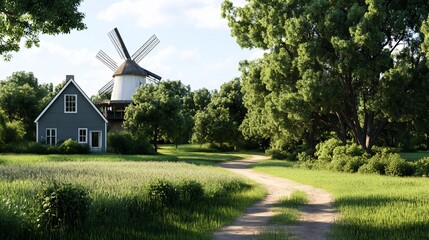 Canvas Print - Idyllic windmill countryside path