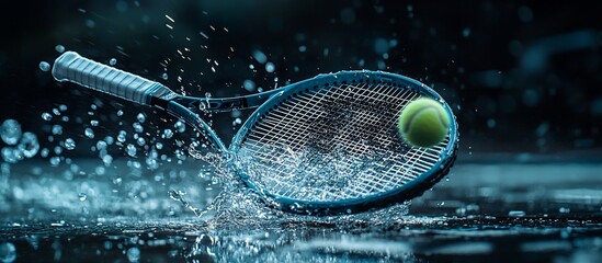 Wall Mural - A dynamic tennis shot capturing a racket hitting a ball amidst splashing water droplets