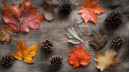 Aufkleber - Cozy autumn still life with colorful maple leaves and pine cones on a burlap background