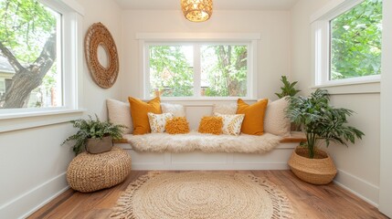 Wall Mural - Cozy sunlit reading nook, hardwood floor, plants