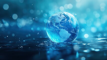Poster - Earth and Blue Water Globe Surrounded by Light Particle Effects on Vibrant Background