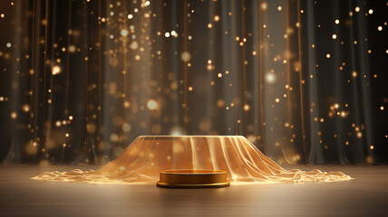 Wall Mural - golden round podium with light clouds, a stage for a new product with an empty copy space