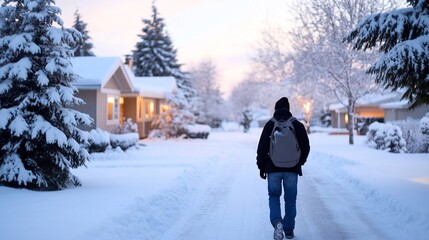 Poster - Man walks snowy street, houses background, winter morning commute