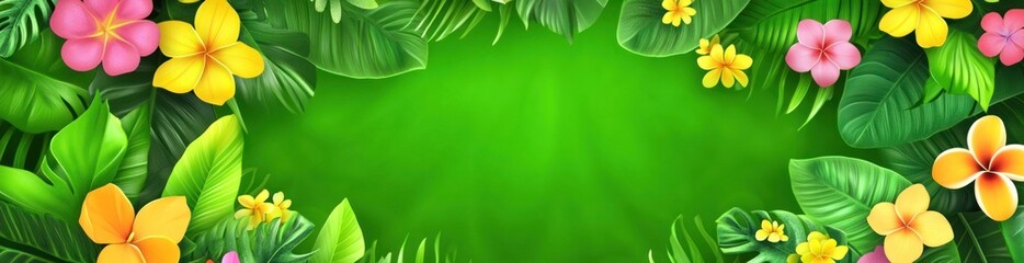 Wall Mural - Vibrant tropical flowers and lush green leaves frame a bright green background, ideal for summer designs.