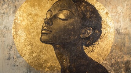 Poster - Elegant mural of a serene woman with a golden halo in an urban art installation at dusk