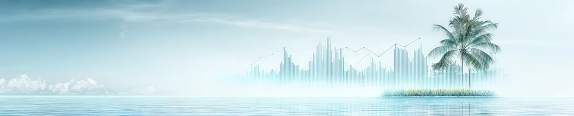Wall Mural - Serene Landscape with Water, Palm Tree, and City Skyline