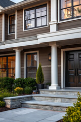 Sticker - Modern House Exterior: Elegant Facade Design with Stone Steps and Landscaping. This stunning home showcases beautiful architecture, a grand entrance, and meticulous landscaping.