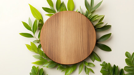 Wall Mural - Circular wooden slab surrounded by vibrant green foliage on a light background.