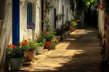 Wall Mural - Sunlit alleyway with whitewashed buildings, vibrant flowers in pots, and shadows.