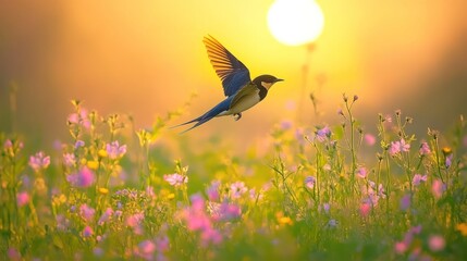 Poster - Bird in flight over wildflowers at sunset.