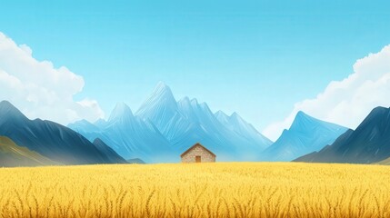 Wall Mural - serene mountain landscape with a simple cabin