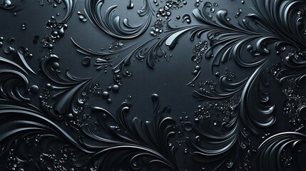 Poster - Elegant black textured surface with intricate floral patterns and water droplets reflecting light