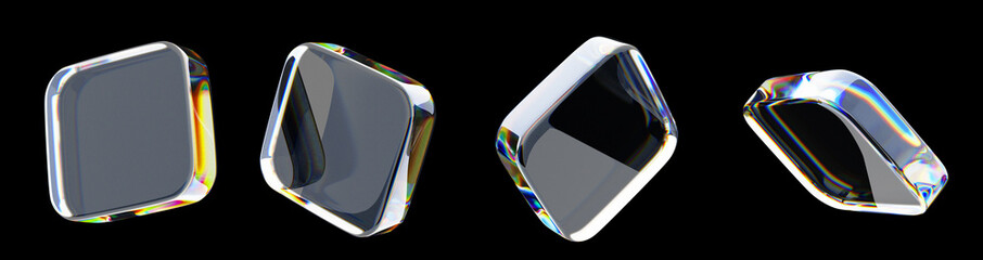 Poster - 3d glass transparent square plate shapes render icon set. Abstract geometric cube figures Crystal light iridescent neon holographic gradient block objects isolated on black background. 3D illustration