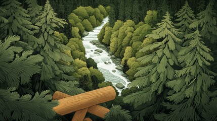 Wall Mural - Serene River Flowing Through Lush Green Forest Landscape