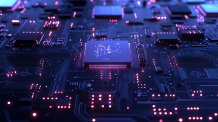 Poster - CPU glows on circuit board; data processing; technology background; website banner