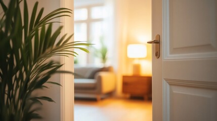 Wall Mural - Open door reveals cozy living room, plant in foreground