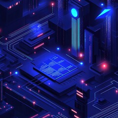 Poster - Isometric circuit board view in a futuristic city with neon lights for tech backgrounds