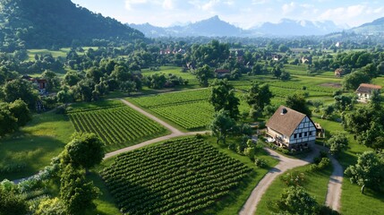 Canvas Print - Rural village vineyard aerial view, sunny day