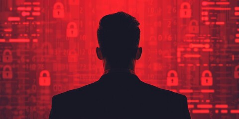 Poster - Person in Suit Facing Red Digital Background with Security Icons