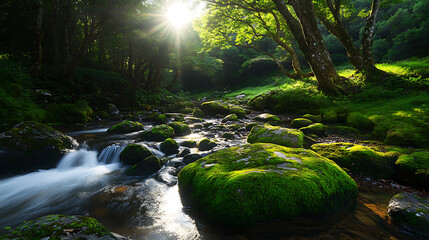 Wall Mural - Lush green forest with sunlight streaming through trees and moss-covered rocks along a tranquil stream.