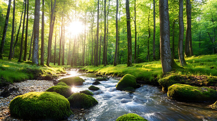 Wall Mural - Lush green forest with sunlight streaming through trees and moss-covered rocks along a tranquil stream.