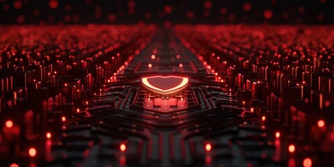Poster - Futuristic Red Circuit Board Design with Illuminated Shield Emblem