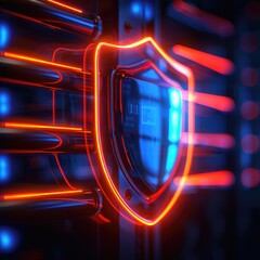 Poster - vibrant neon shield symbol on server rack in digital environment