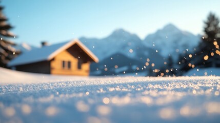 Wall Mural - Snowy cabin, mountain backdrop, winter sun, idyllic scene, postcard