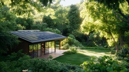 Poster - Solar-powered cabin in lush forest; sustainable living