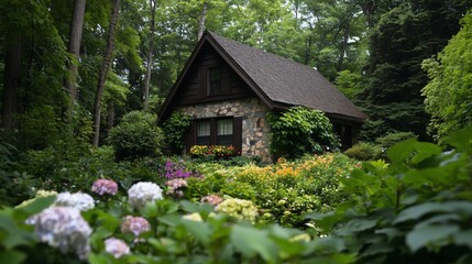 Poster - Stone cottage garden, lush forest, summer. Vacation rental