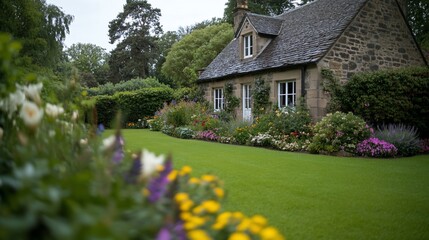 Poster - Stone cottage garden, lush blooms, green lawn, tranquil scene; real estate