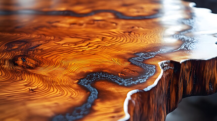 Poster - A close-up view of a beautifully crafted wooden surface, showcasing intricate grain patterns and a sleek epoxy resin finish.