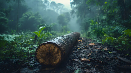 Poster - A fallen log in a misty forest, surrounded by lush greenery and ferns, creates a tranquil, natural atmosphere.