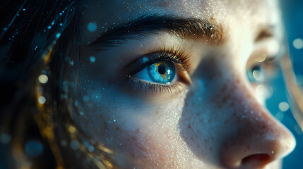 Poster - Close-up of a young woman's eye with vibrant blue iris, wet skin glistening, and a dreamy background creating an ethereal atmosphere.