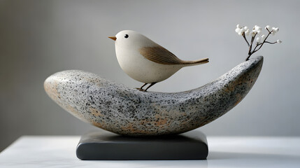 Poster - A decorative sculpture featuring a bird perched on a stylized base with delicate flowers, emphasizing nature and artistry.
