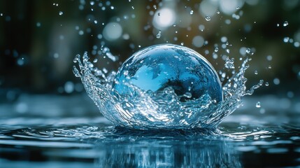 Poster - Surreal depiction of a reflective water sphere emerging from a serene surface, capturing the essence of Earth’s beauty and tranquility in a dreamlike atmosphere