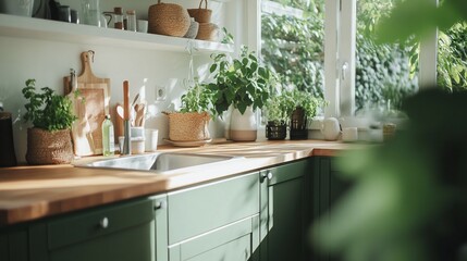 Wall Mural - Sunny kitchen, green cabinets, plants, window. Home decor, lifestyle