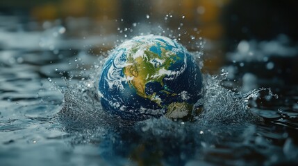 Poster - Surreal depiction of Earth planet with water splash, showcasing vibrant colors and a dynamic interaction with the liquid environment around it