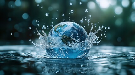 Poster - Surreal depiction of a planet Earth, surrounded by water, showcasing a stunning splash effect in a serene and dreamy atmosphere