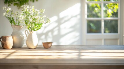 Wall Mural - Sunny room, wooden table, white flowers, pottery, window view; home decor