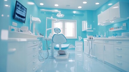 Fototapete - Bright clean dental clinic featuring dental treatment machines sterilized instruments and digital imaging systems creating a professional and sterile environment